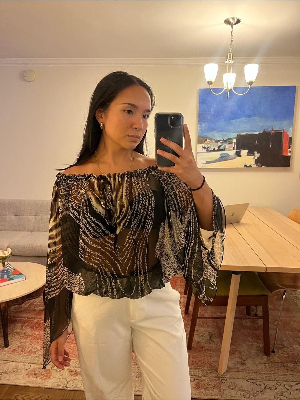 Off-Shoulder Sheer Animal-Print Blouse in Black and Brown